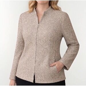 Kasper Boucle Wool Blazer Jacket M 10 Beige Metallic Zip Career Minimal Classic